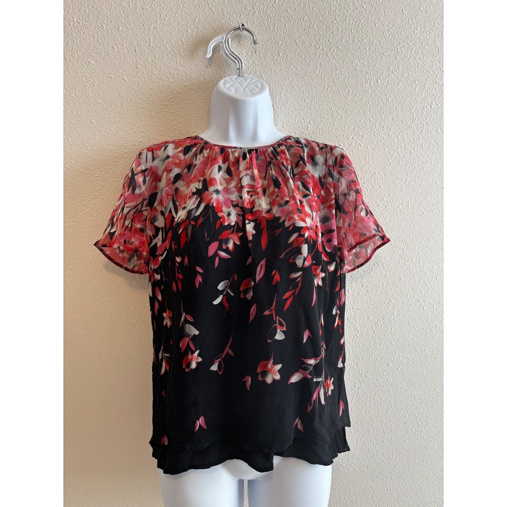 St. John Silk Blouse 6 Black Red Pink Floral Flutter Sleeve Luxury Top